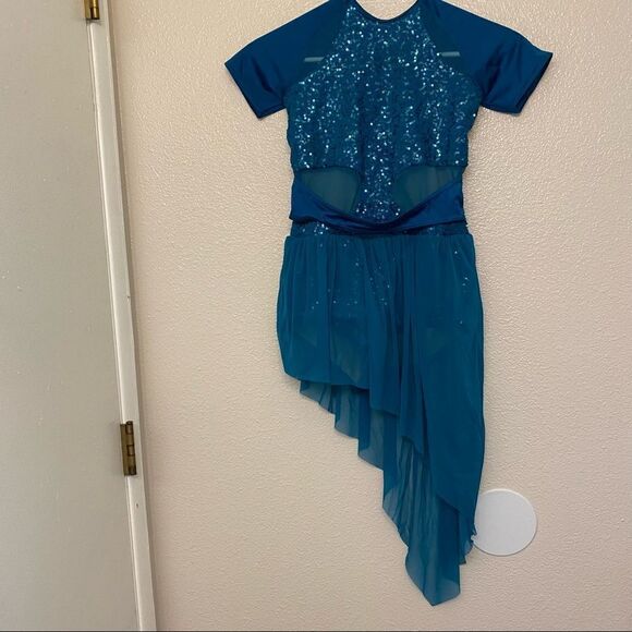 Weissman Dance costume aqua blue teal BRIDGES-STRIPPED 11064 asymmetrical LC - Picture 3 of 12